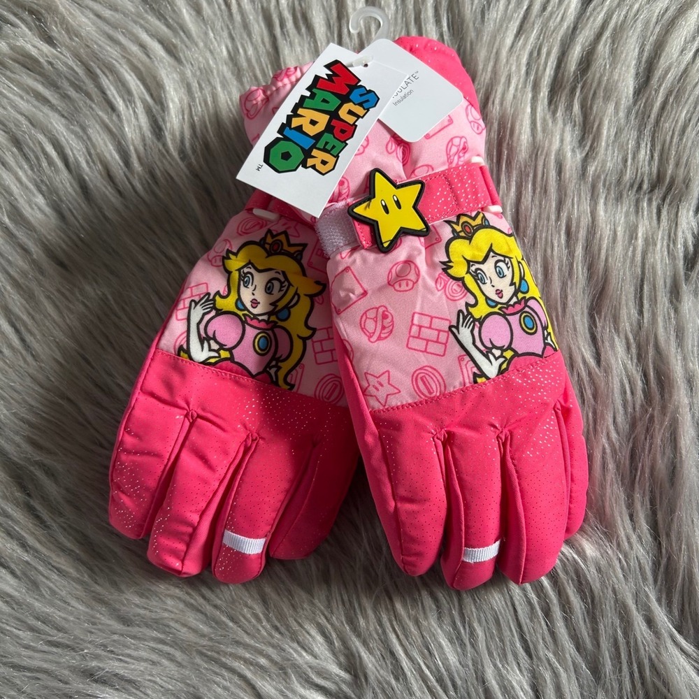 Nintendo Super Mario Snow Gloves Girls Size Small/Medium Pink‎ Princess Peach
